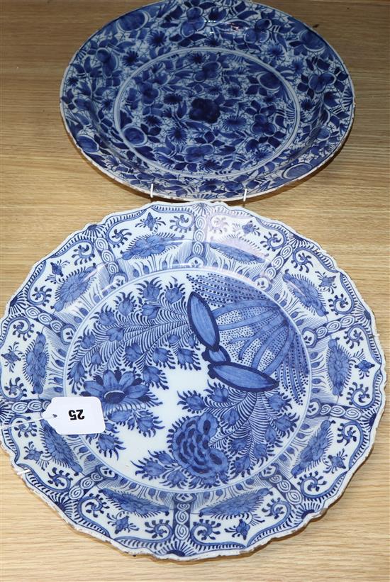 Two 18th century Delft dishes, de Byl factory and another largest diameter 35.5cm